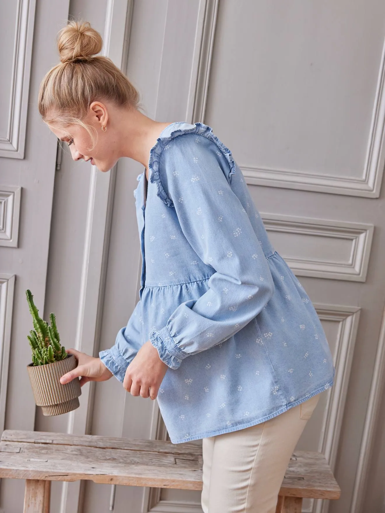 Blouse effet denim grossesse et allaitement imprimé fleurs double stone - Vertbaudet