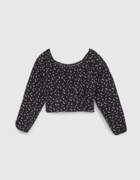 Blouse noire cropped à imprimé floral fille