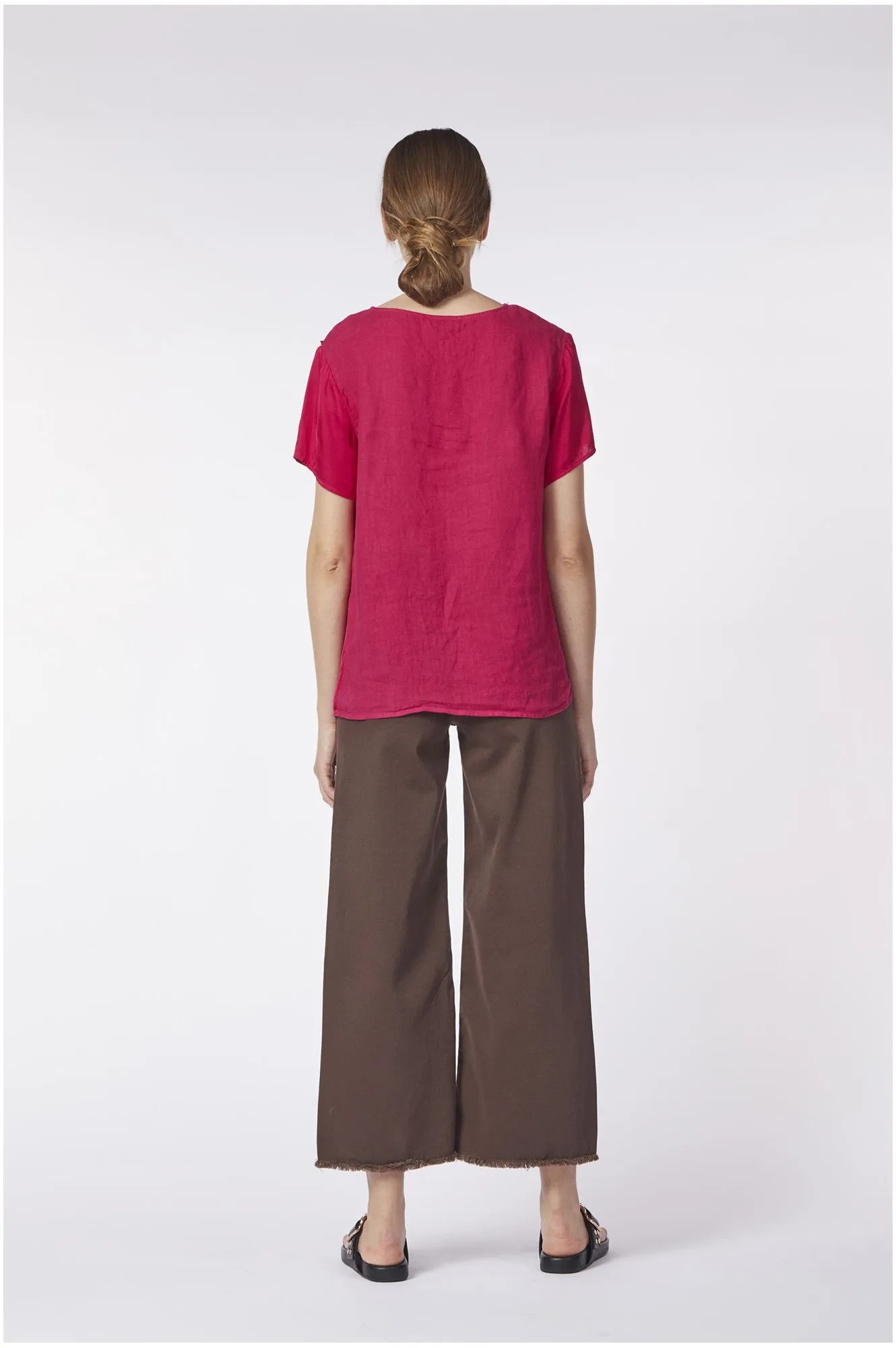 blouse à manches courtes en lin et viscose avec croisement portefeuille cyclamen - CafèNoir