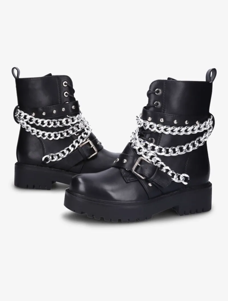 Boots style motard à chaînes et sangles - Noir