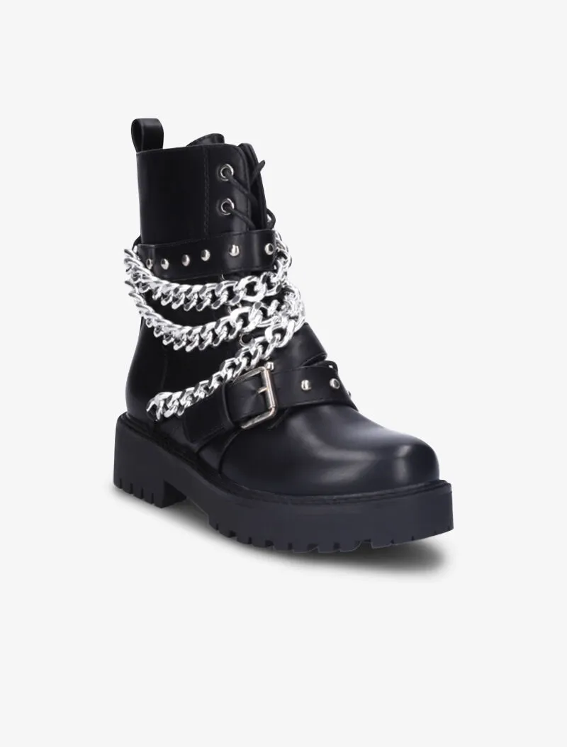 Boots style motard à chaînes et sangles - Noir