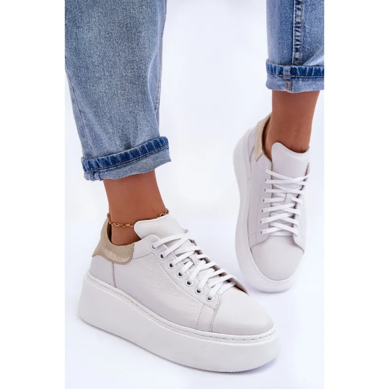 Chaussures de sport en cuir pour femmes sur la plateforme blanc Lemar 10150 blanche