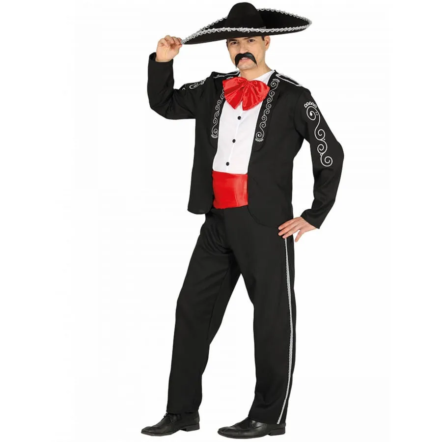 Costume mexicain d'apparat noir et rouge homme