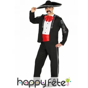 Costume mexicain d'apparat noir et rouge homme