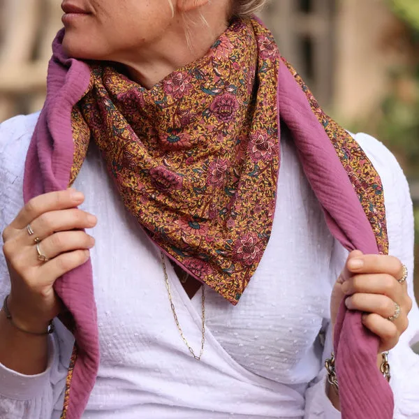 Foulard Opaline -  fleurs ocrées / violine.