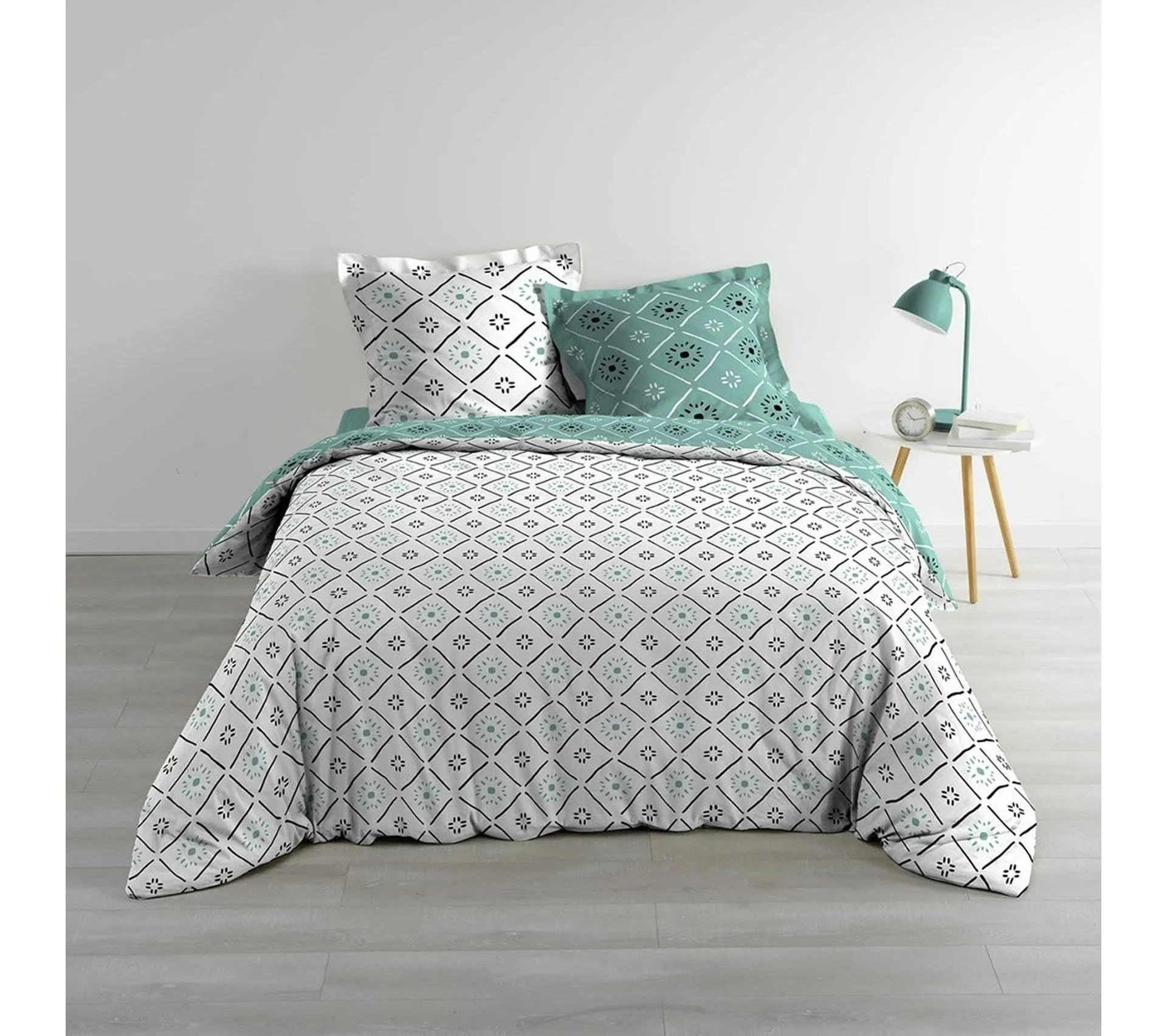 Housse De Couette 240x220 + 2 Taies Tahina Bleu Coton 57 Fils