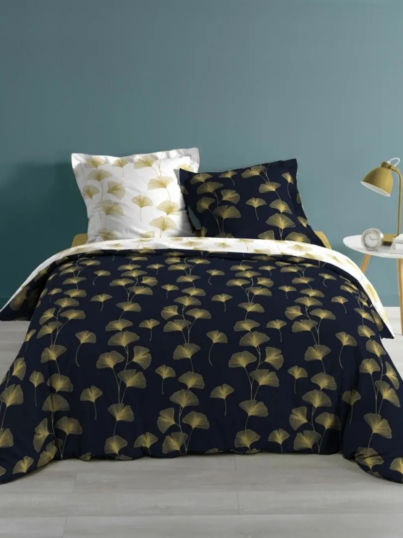 Housse de couette réversible 220x240 Bloomy Marine/Or + 2 taies 100% coton 57 fils - Bleu