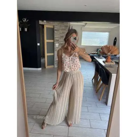 Pantalon plissé fluide beige taille élastique