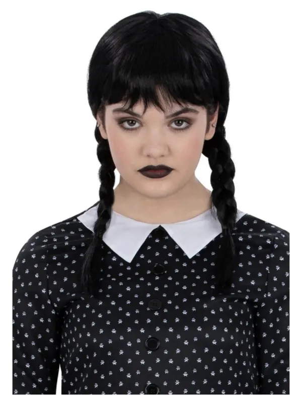 Perruque Mercredi Addams avec frange et tresse pour fille