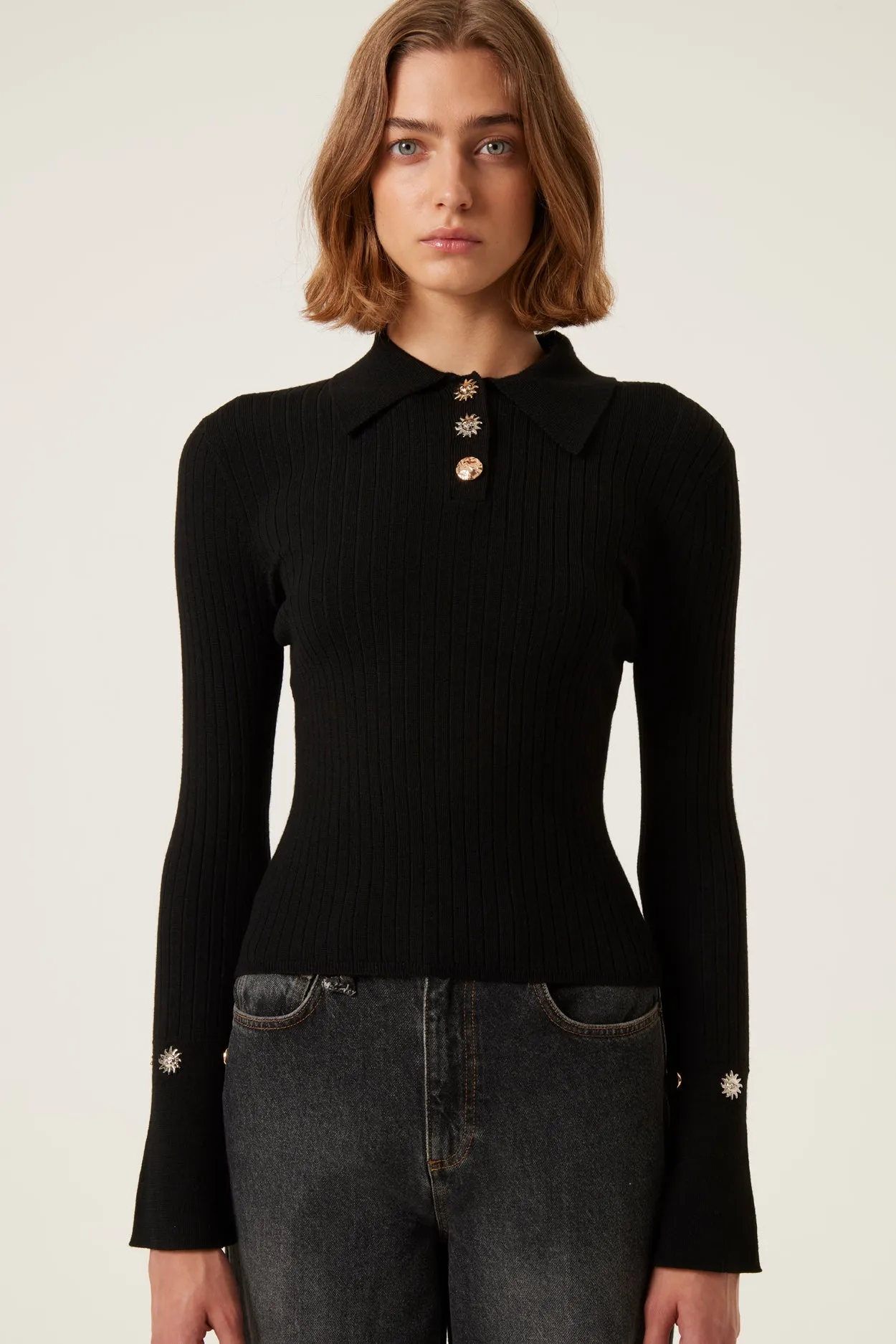 Pull au col polo en laine ctelée