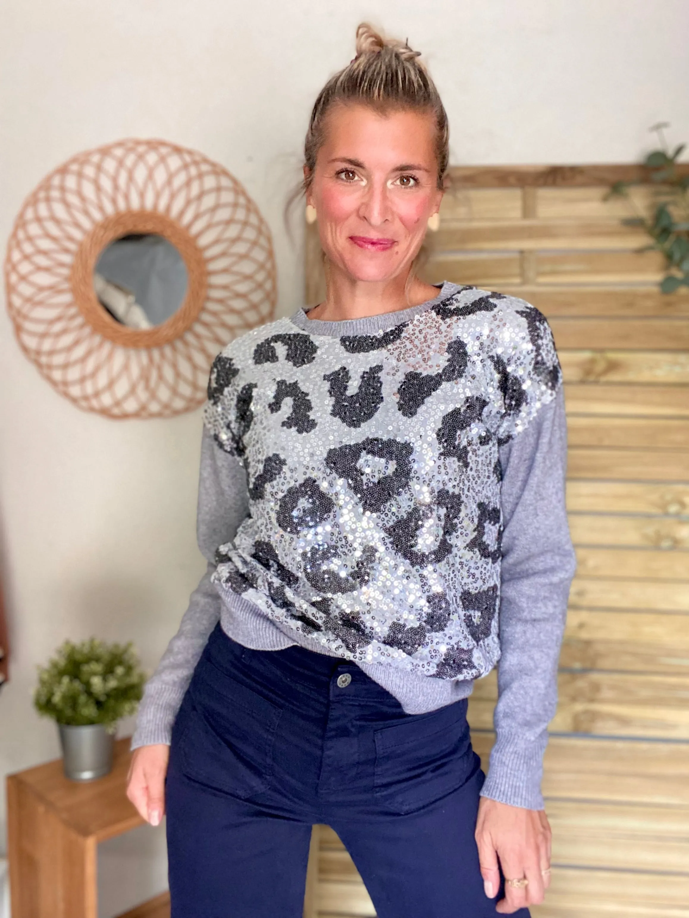 Pull avec sequins motif léo à sequins OLYMPE - Gris / argent - FIN DE SRIE