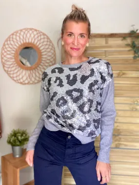 Pull avec sequins motif léo à sequins OLYMPE - Gris / argent - FIN DE SRIE