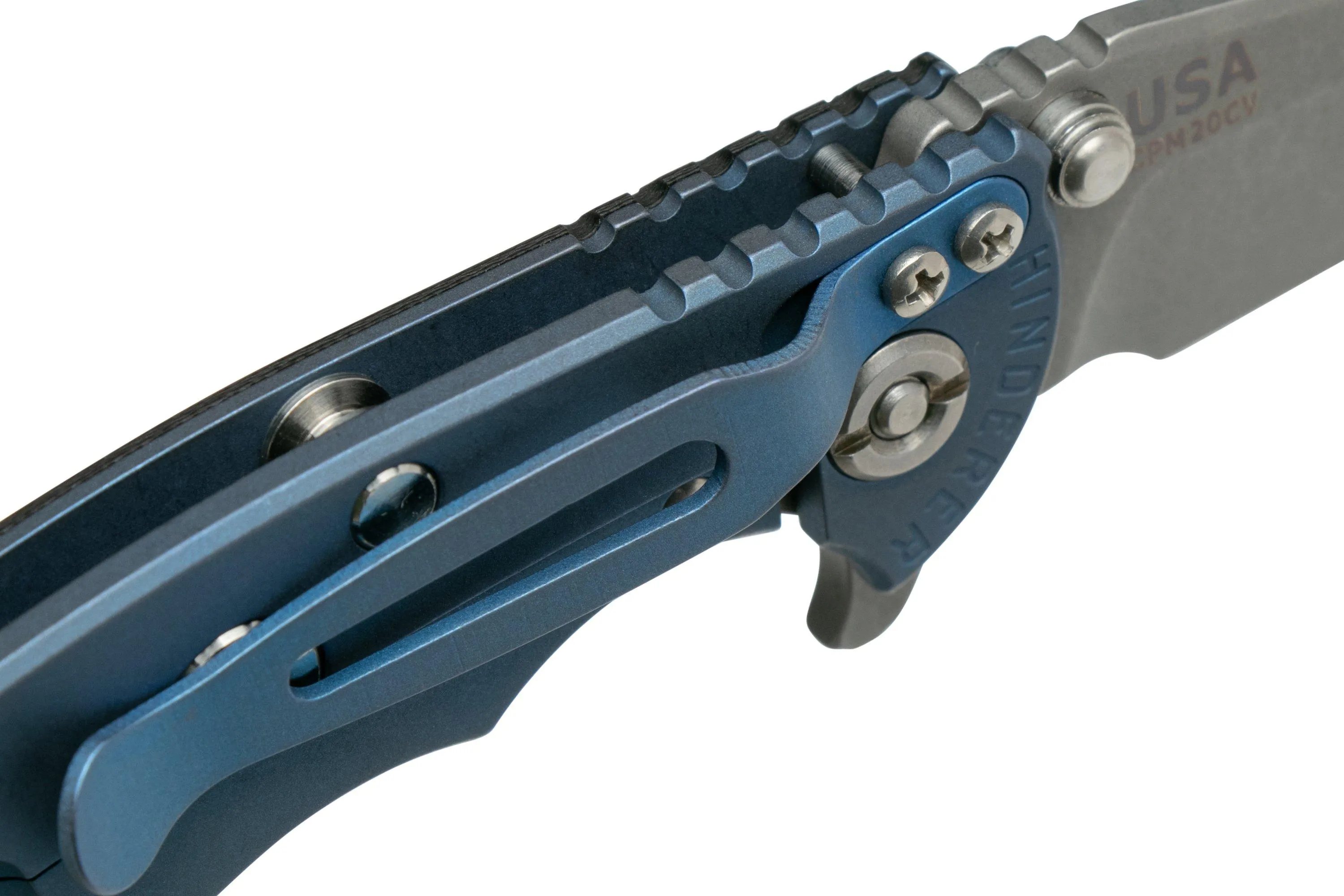 Rick Hinderer XM-18 3" Wharncliffe 20CV Acid Stonewash, Battle Blue, Black G10, couteau de poche