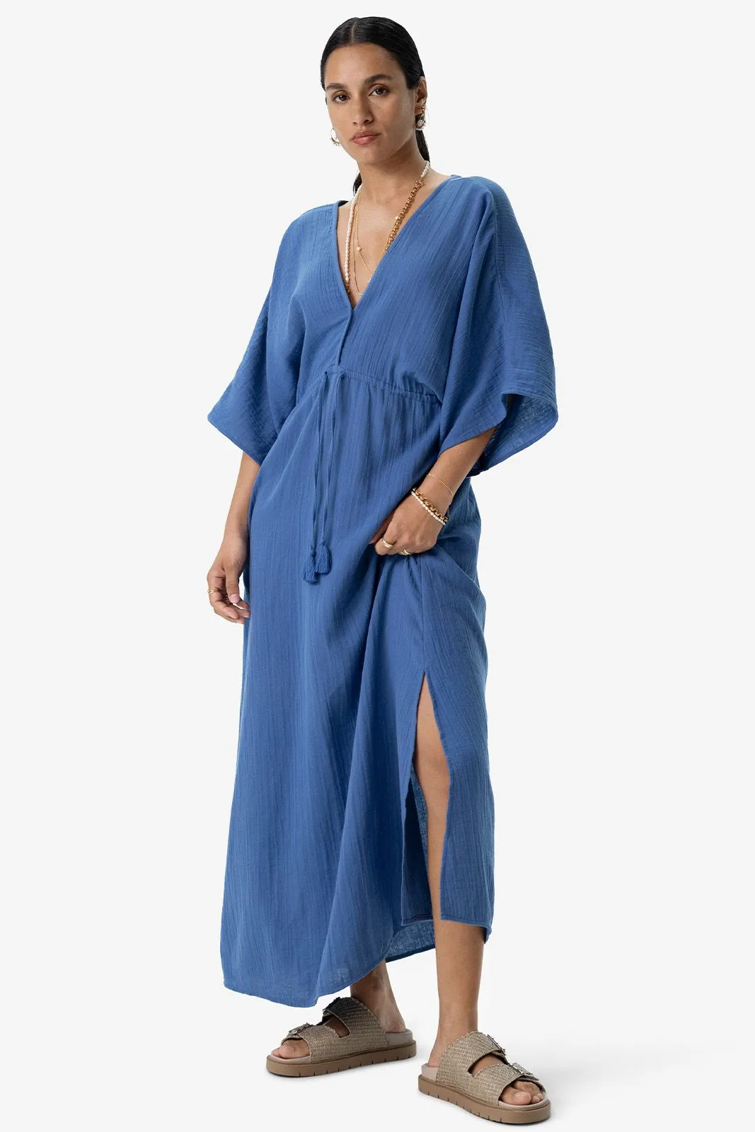 Robe longue avec col V - bleu
