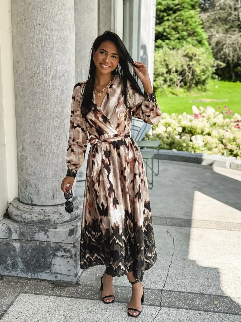 Robe longue à motifs Nour - Beige/Noir