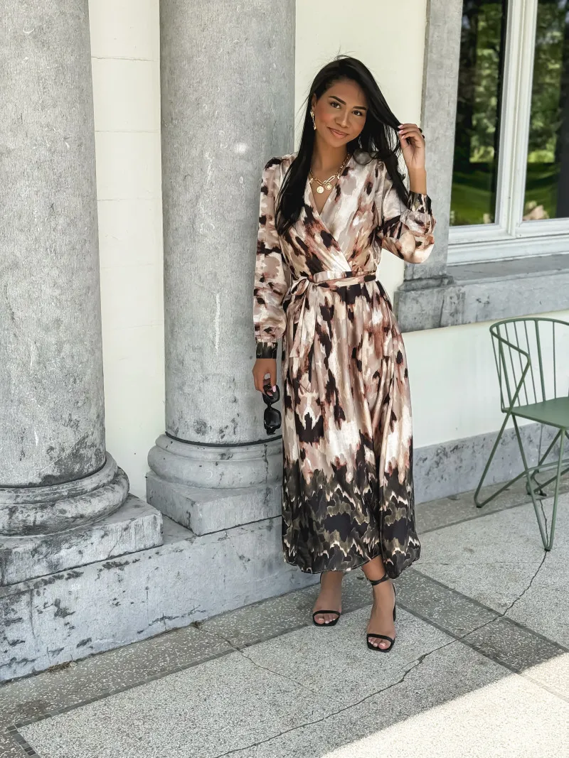 Robe longue à motifs Nour - Beige/Noir