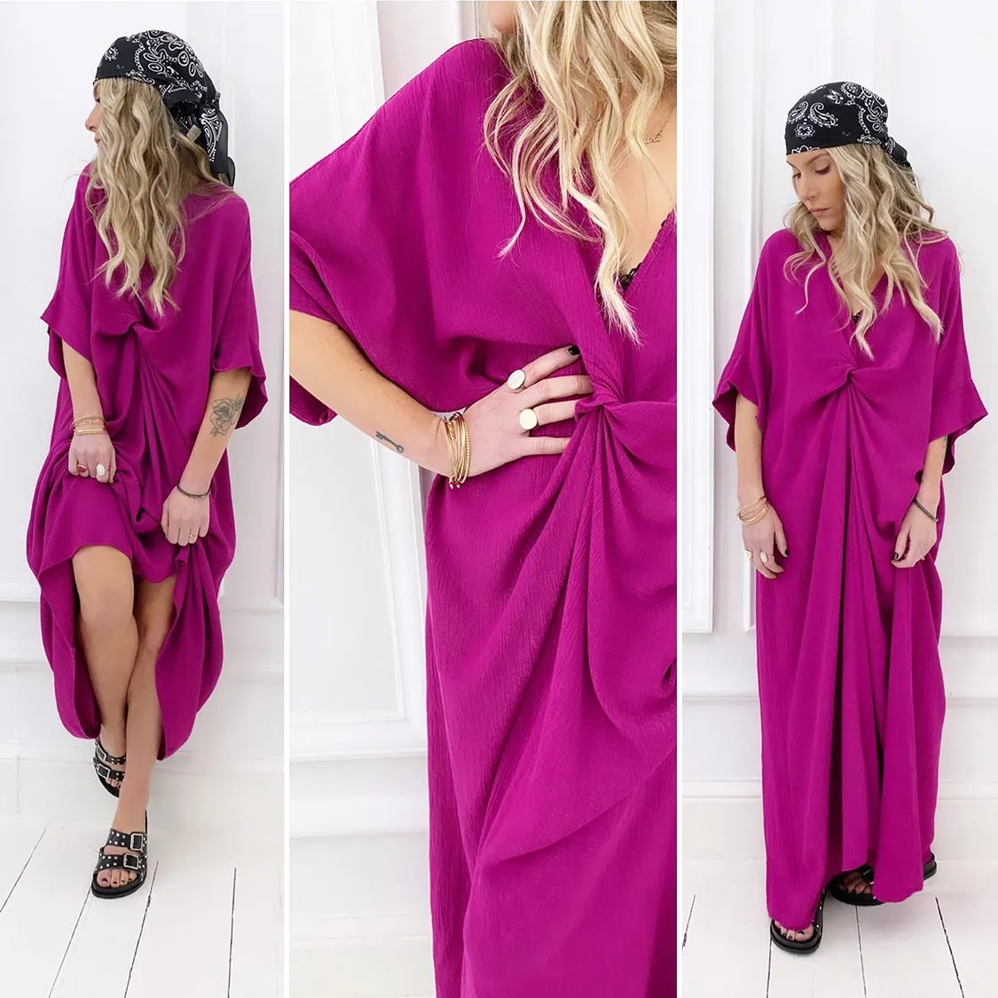 Robe magenta irisé col v avec noeud