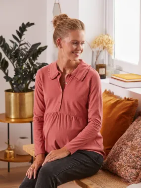 T-shirt blouse col volanté grossesse et allaitement vieux rose - Vertbaudet