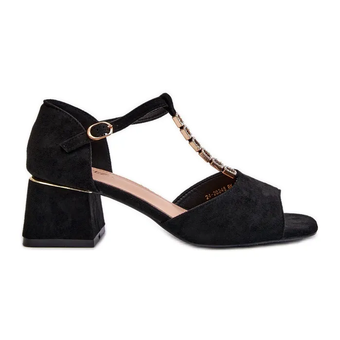 Vinceza Sandales pour femmes à talon bloc et bride décorative, suède écologique, noir Obivena le noir