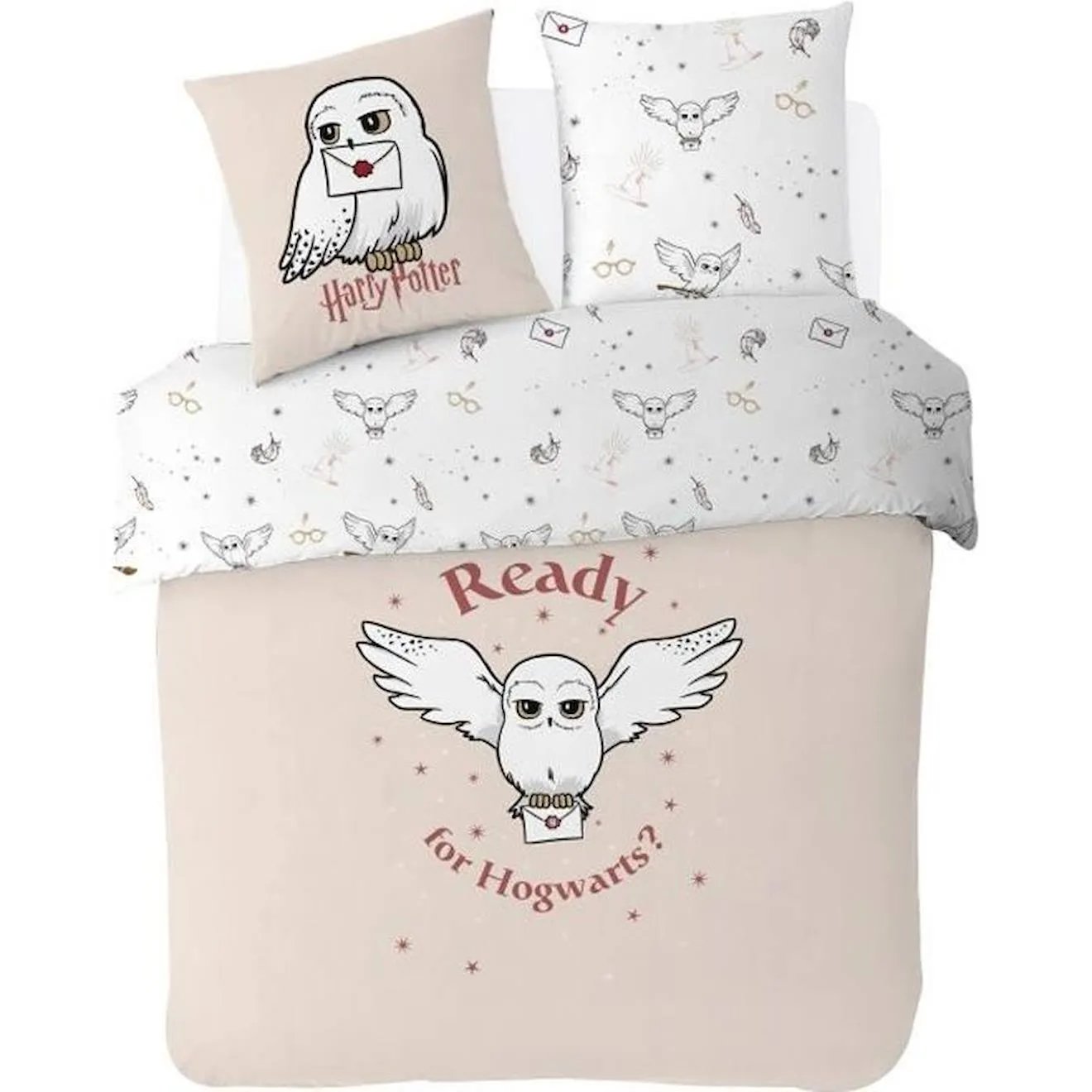 WARNER - Housse De Couette Harry Potter Hedwige 220x240 cm + 2 taies d'oreillers 63x63 cm - 100% Coton - Ecru blanc - Warner