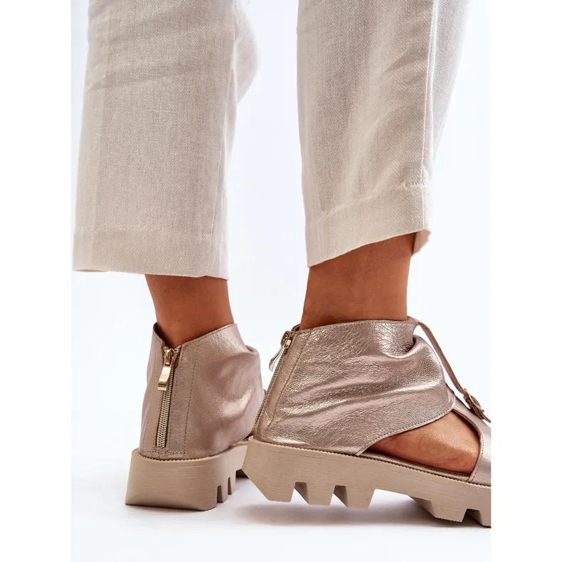 Zazoo 999, Sandales en cuir avec fermeture éclair pour femme, Doré d'or